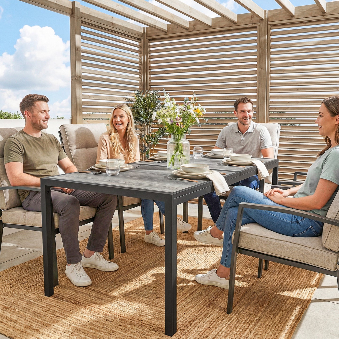 Outdoor Dining Table for 4-6, 59" Outdoor Patio Table with Metal Legs, Wood-Effect Top, Grey