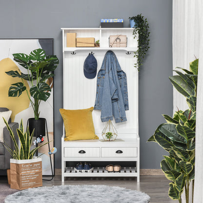 Hall Tree Shoe Bench with 4 Hooks and Drawers - White