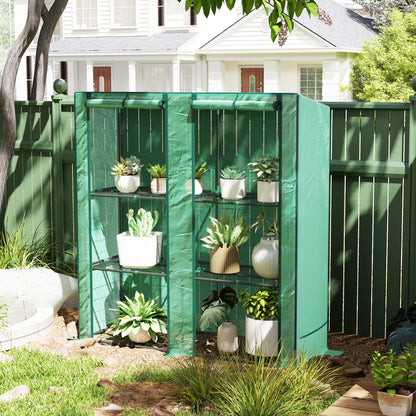 Green Lean-To Greenhouse with 3-Tier Shelves & 2 Roll-Up Doors