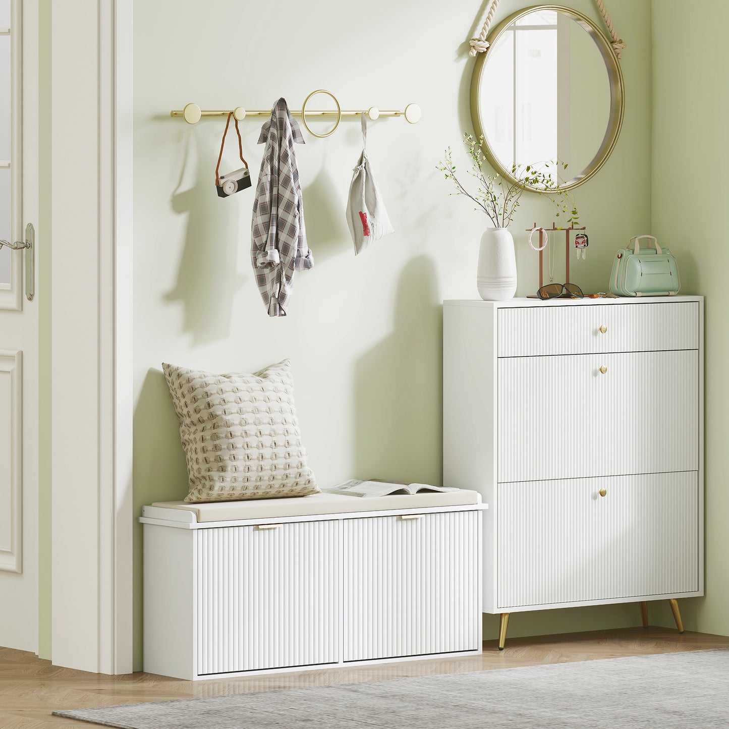Entryway Bench with Padded Seat and Flip-Drawers, Holds up to 529lbs, Shoe Storage Bench for 10 Pairs of Shoes, White