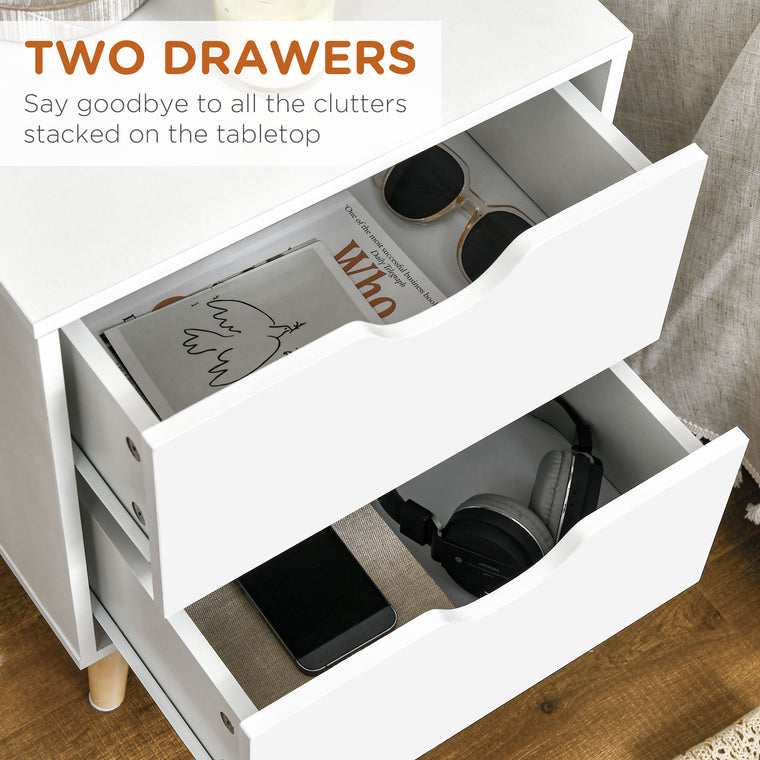 Nightstand with 2 Drawers and Wood Legs - White