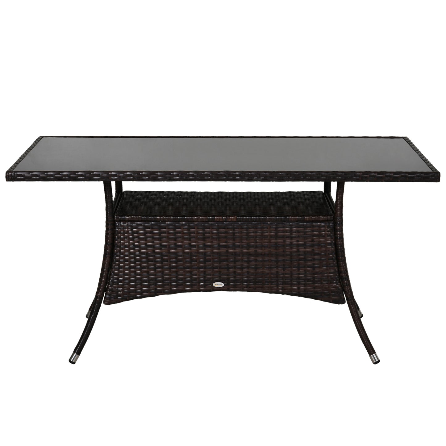 Garden Dining Table, Patio Rattan Dining Table with Glass Top, Storage Shelf for Yard, 59" x 34" x 29", Brown