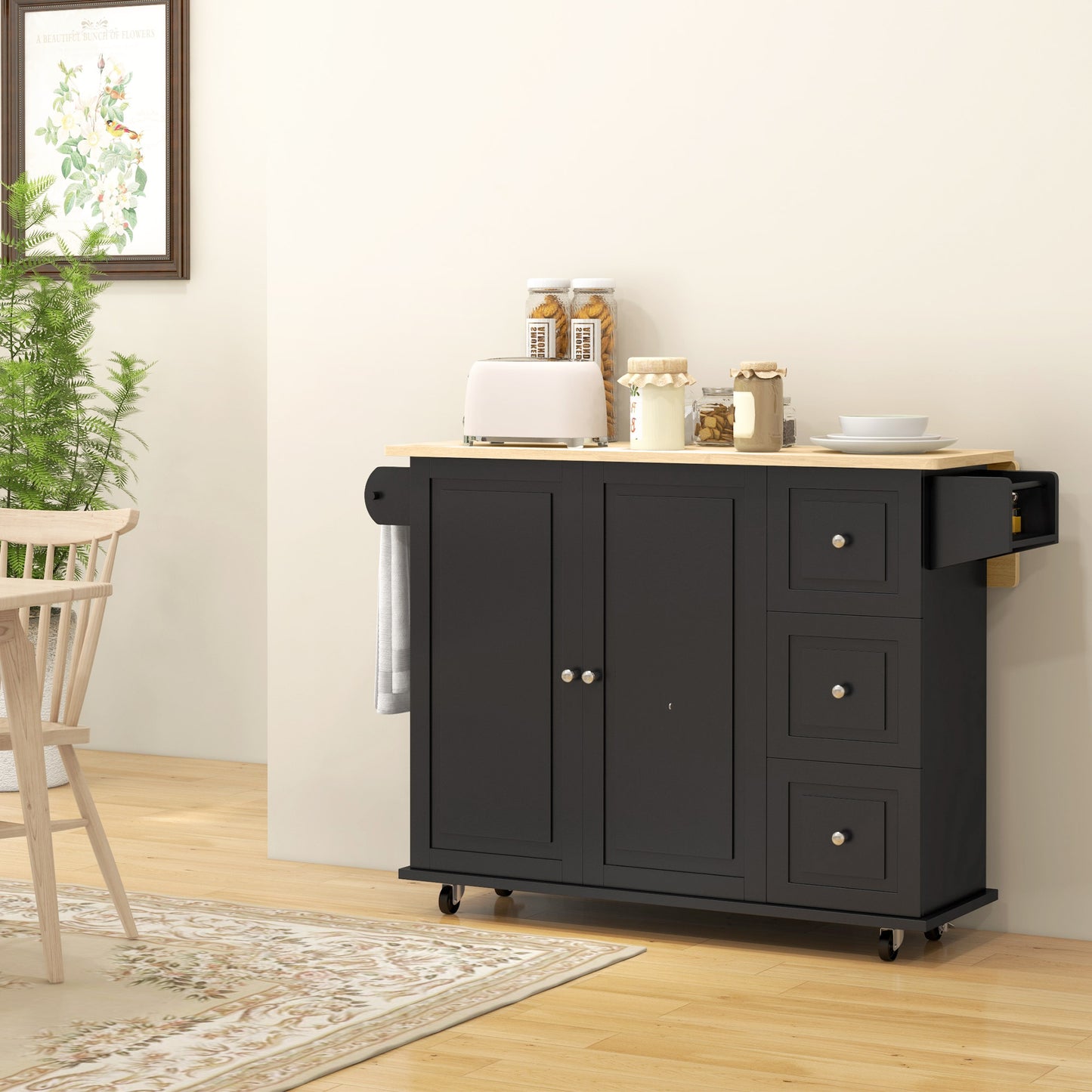 Kitchen Island on Wheels, Kitchen Cart with Drop Leaf, Drawers, Black