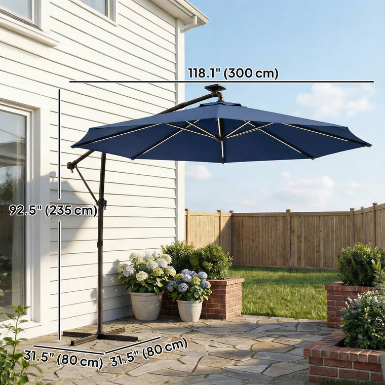 10' Navy Blue Offset Umbrella with Solar Light & 360° Rotation