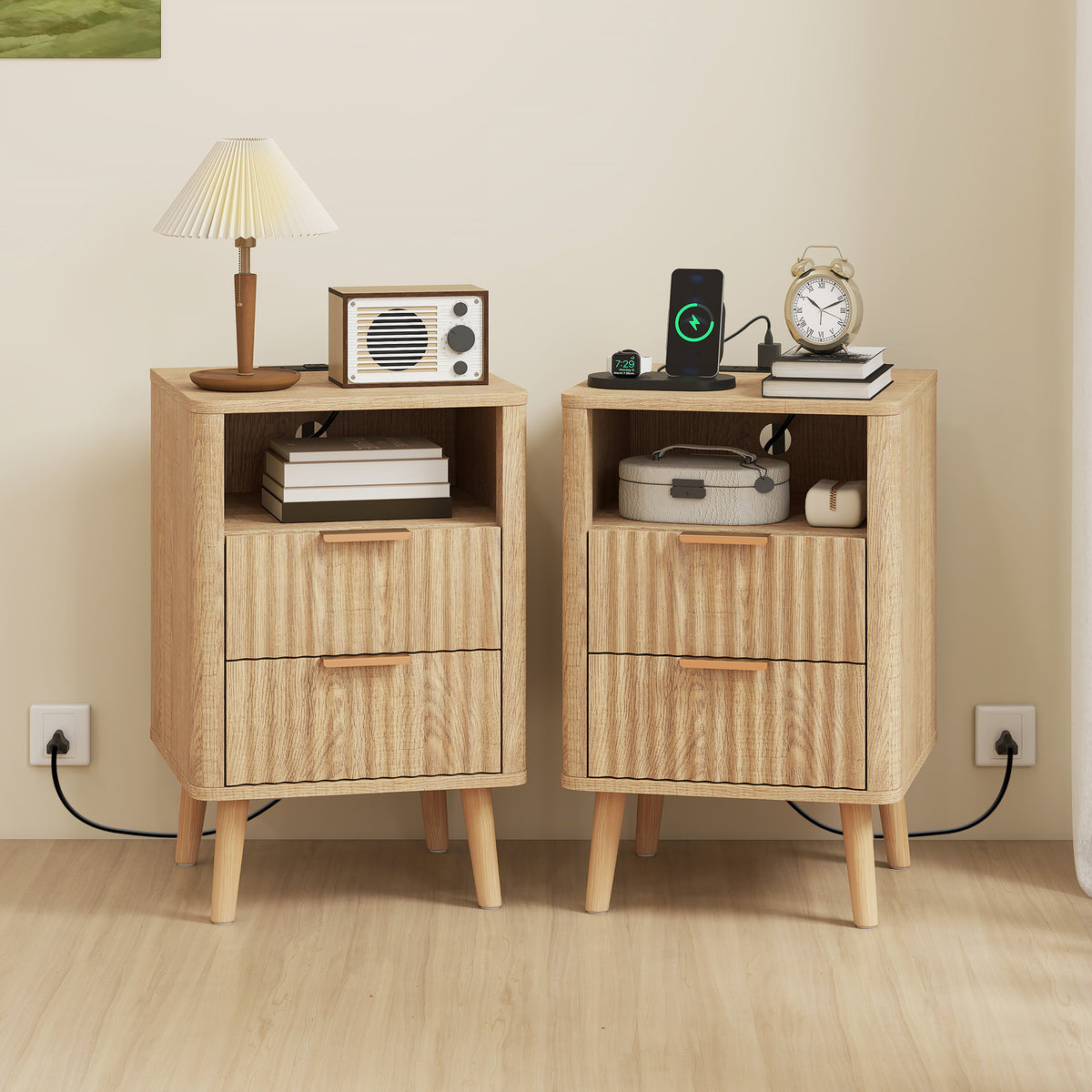 Nightstands Set of 2, Modern Bedside Tables with Charging Station, 2 Drawers and Open Shelf, Oak