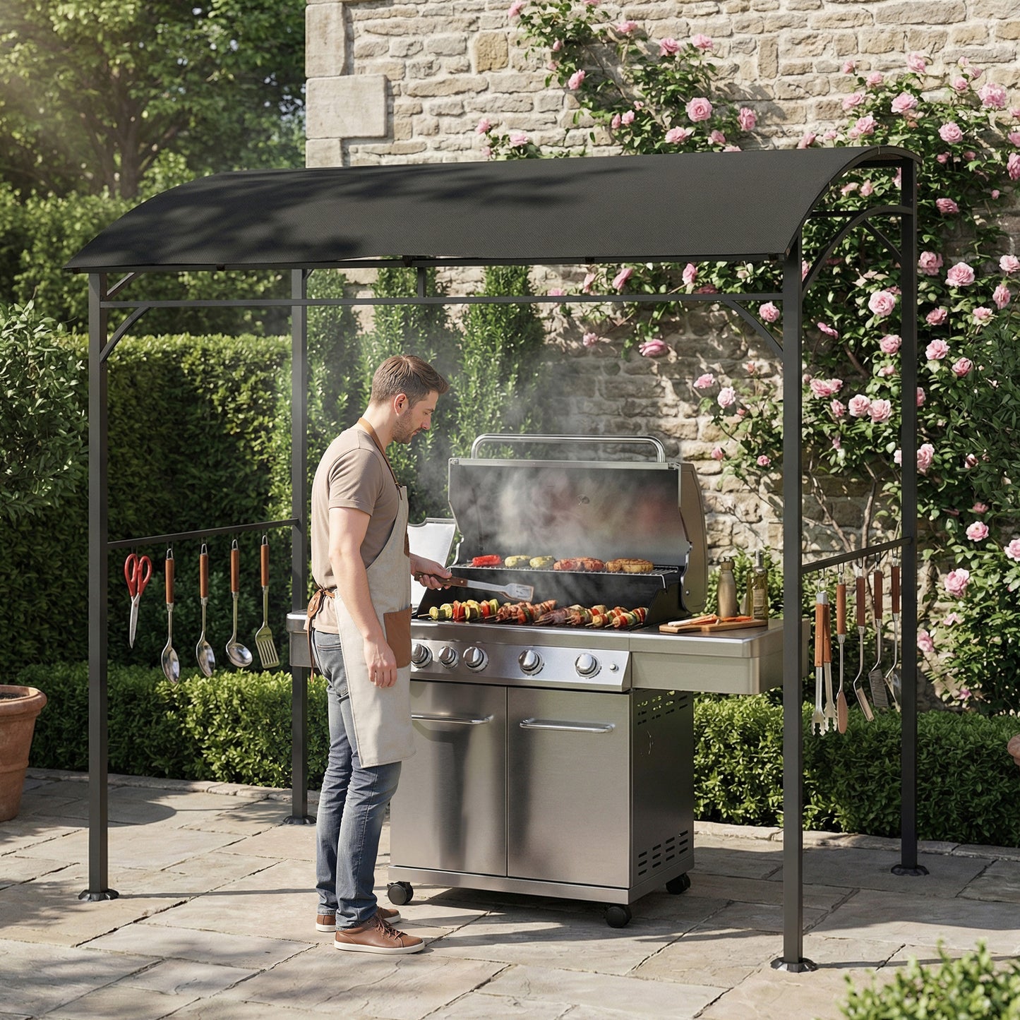 7' x 5' Garden Grill Canopy, BBQ Grill Gazebo Tent with Steel Frame and Hooks, Outdoor Sun Shade, Black