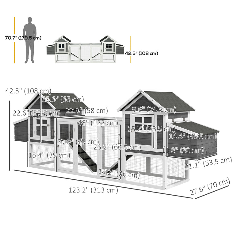 123" Grey Extra-Large Wooden Chicken Coop with Run & Ramps