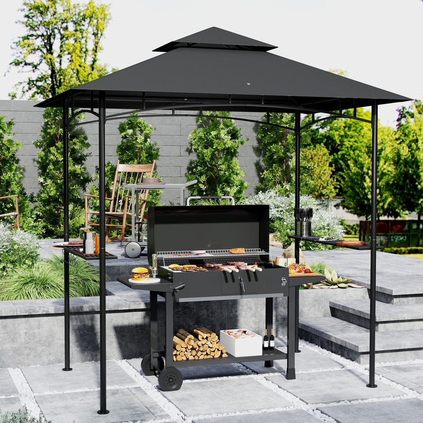 8' x 5' Outdoor Grill Gazebo, Double Tiered Barbecue Grill Gazebo Shelter with 2 Side Shelves, Hooks, Dark Grey