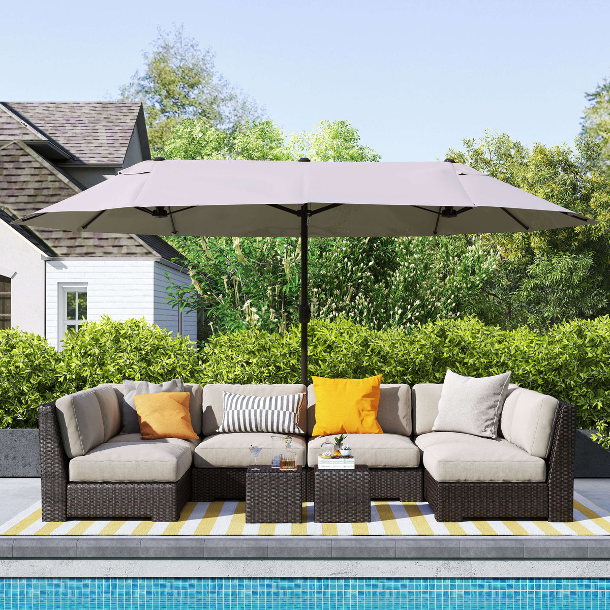 15'x 8.7' Outdoor Patio Umbrella with Twin Canopy Backyard Umbrella with Lift Crank Tan
