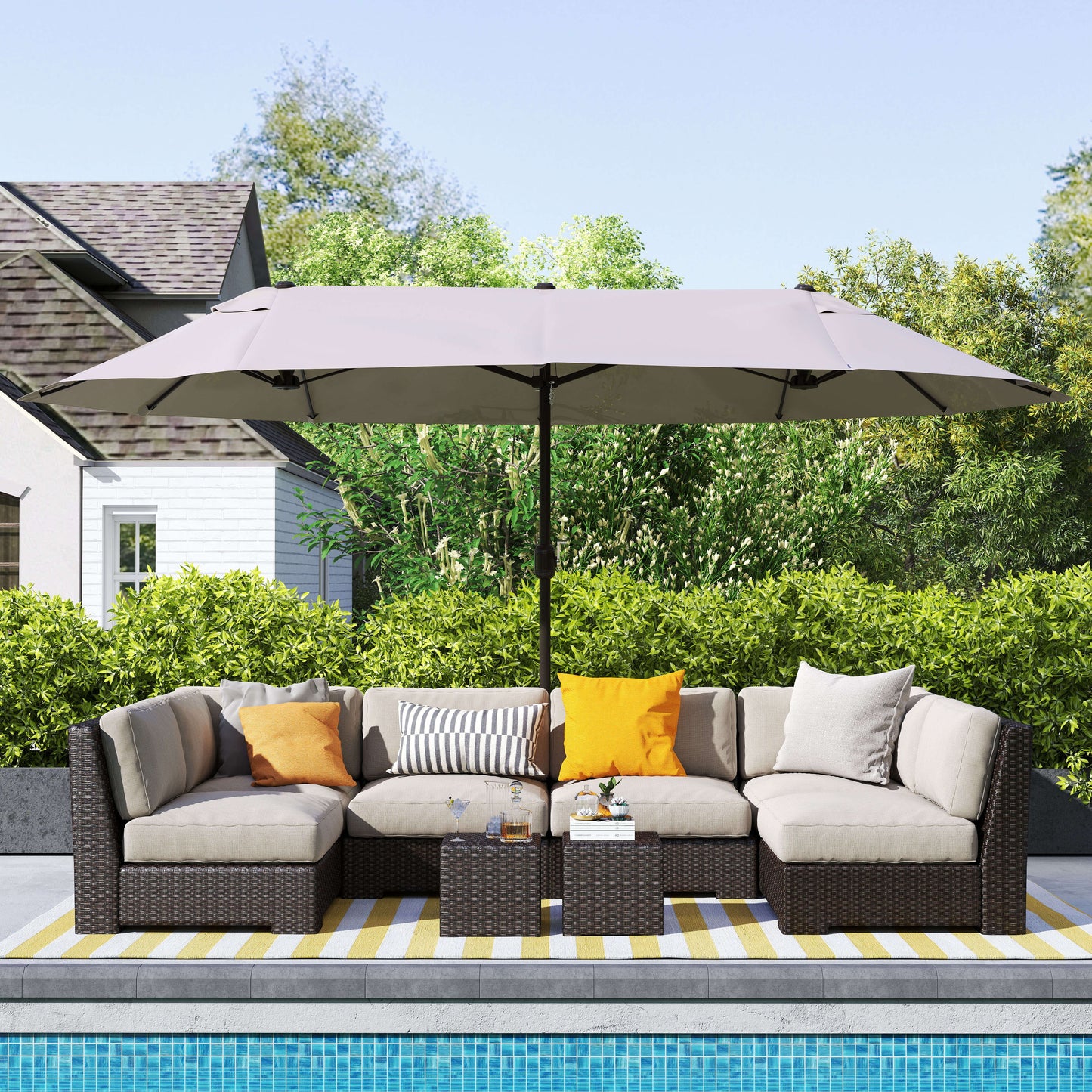 15'x 8.7' Outdoor Patio Umbrella with Twin Canopy Backyard Umbrella with Lift Crank Tan