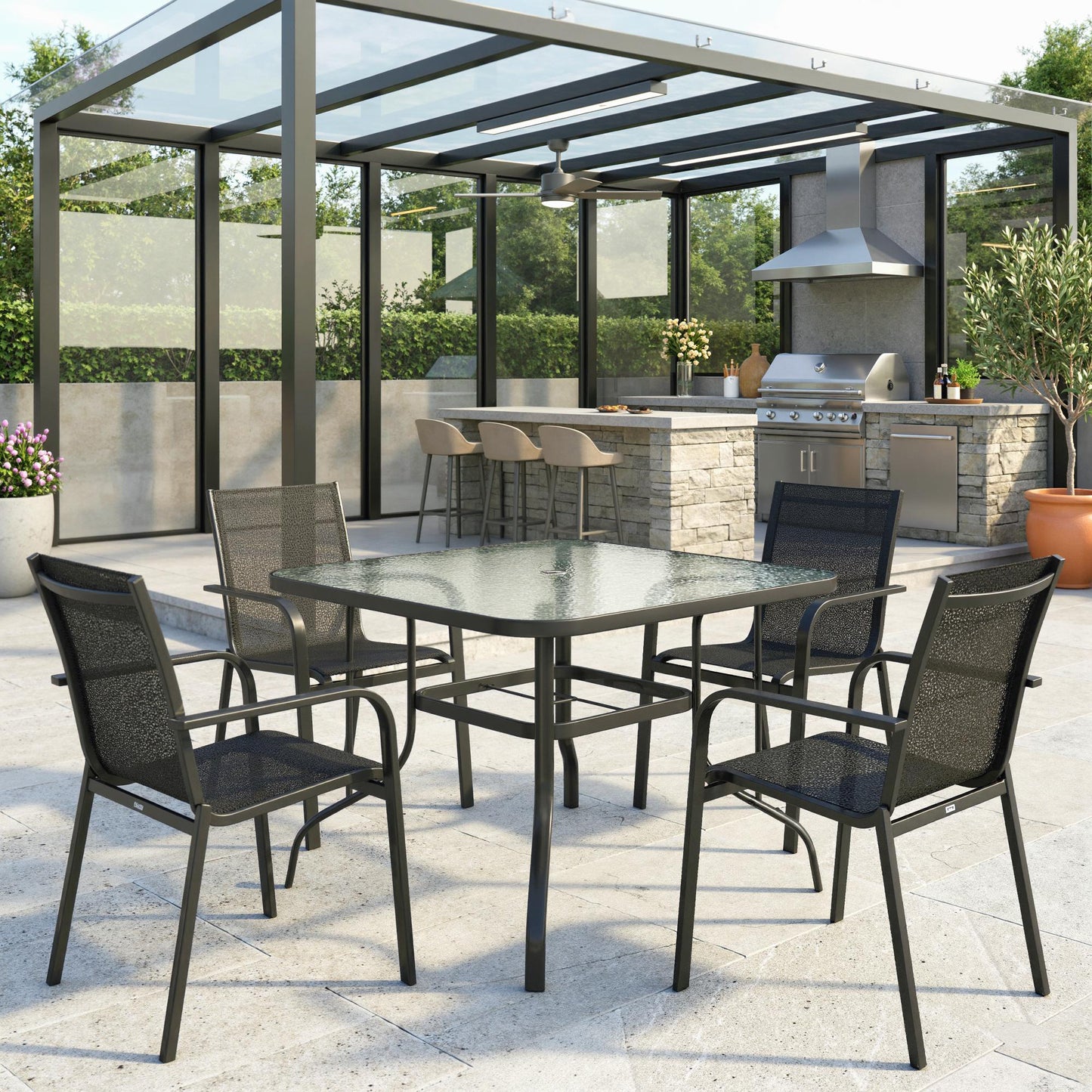Tempered Glass Square Patio Dining Table w/ 2.1" Umbrella Hole for Garden, Balcony, Backyard, 38" x 38" x 28"