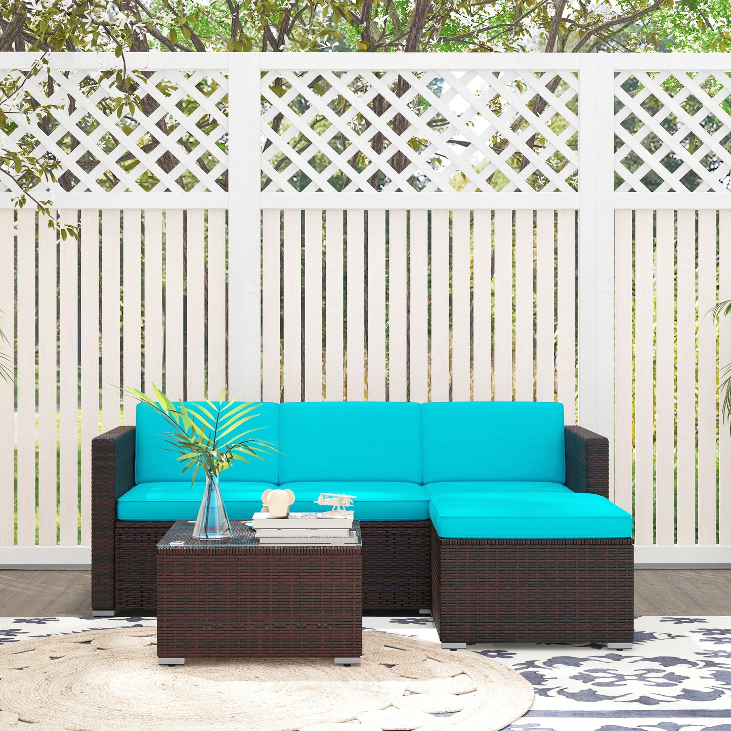 3 Pieces Patio Furniture Set with Cushions, Outdoor PE Rattan Wicker Conversation Corner Sofa Set, Light Green