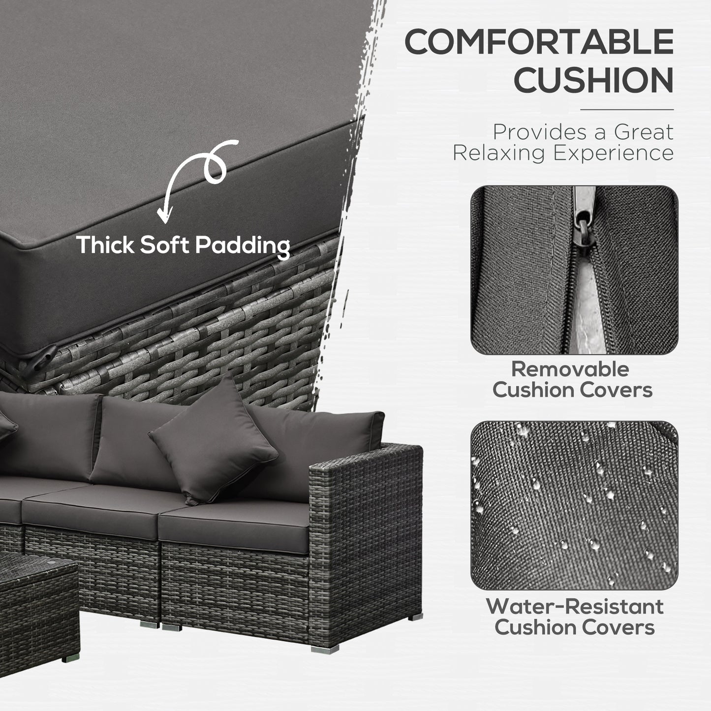 6 Pieces Outdoor PE Rattan Wicker Patio Furniture Sofa Set with Thick Cushions, Deluxe Garden Sectional Couch with Glass Top Table, Mixed Grey and Dark Grey