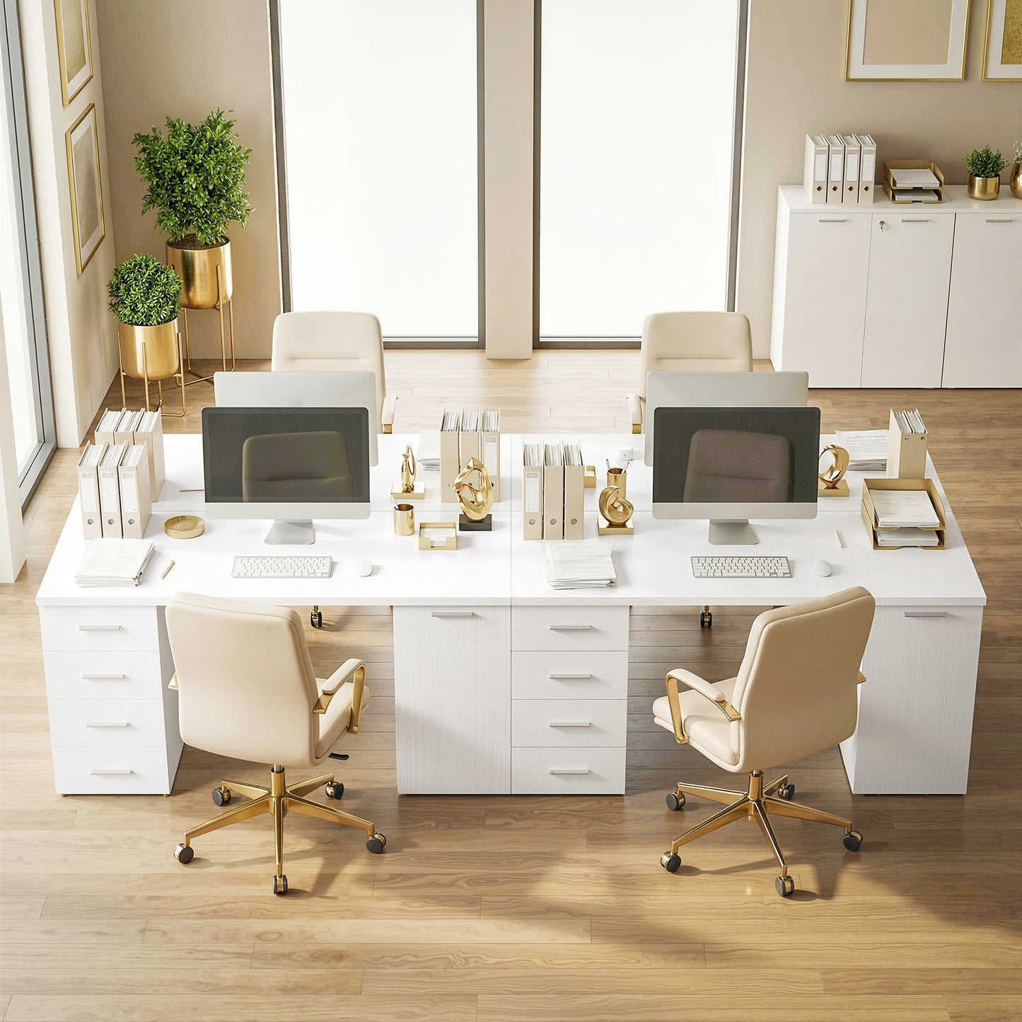 140 cm Computer Desk with Adjustable Shelf Home Office Desk with Drawers and Cabinet White Wood Grain