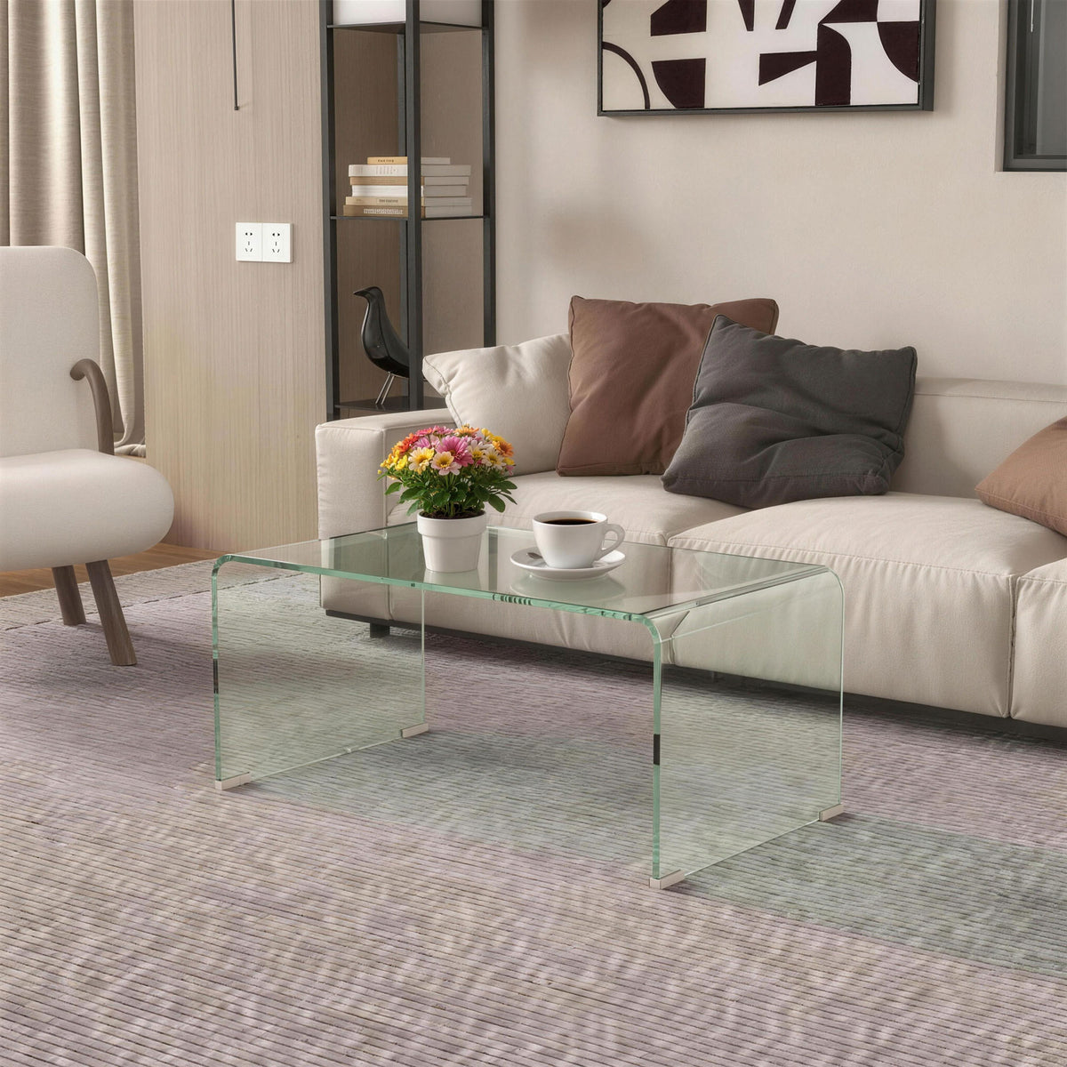 Glass Coffee Table, Clear Coffee Table for Living Room, Modern Rectangle Center Table with Safe Rounded Edges