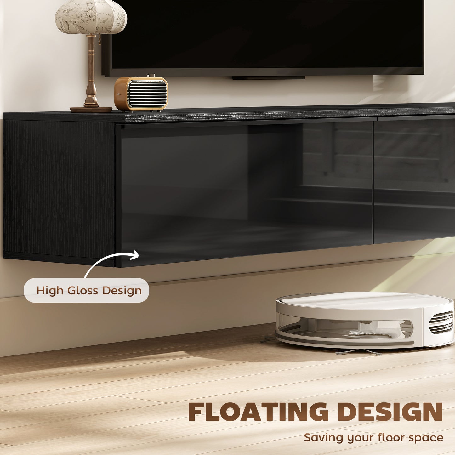 Wall Mounted TV Stand, Floating TV Cabinet with Storage, for TVs up to 70", High Gloss Effect, Black