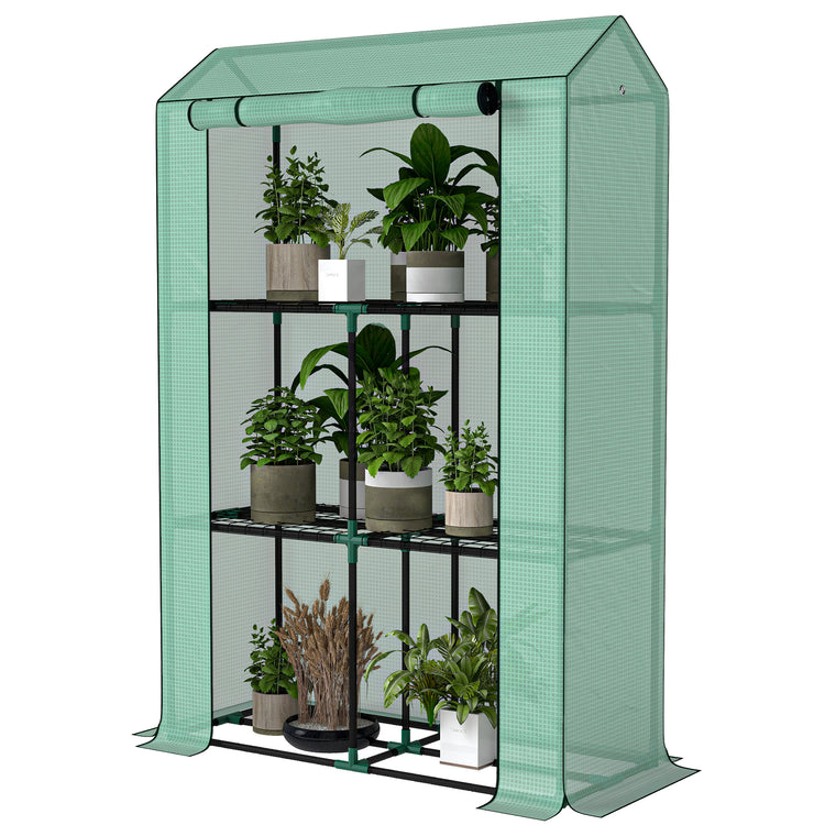 Green Mini Greenhouse with 3-Tier Shelves & Roll-Up Doors