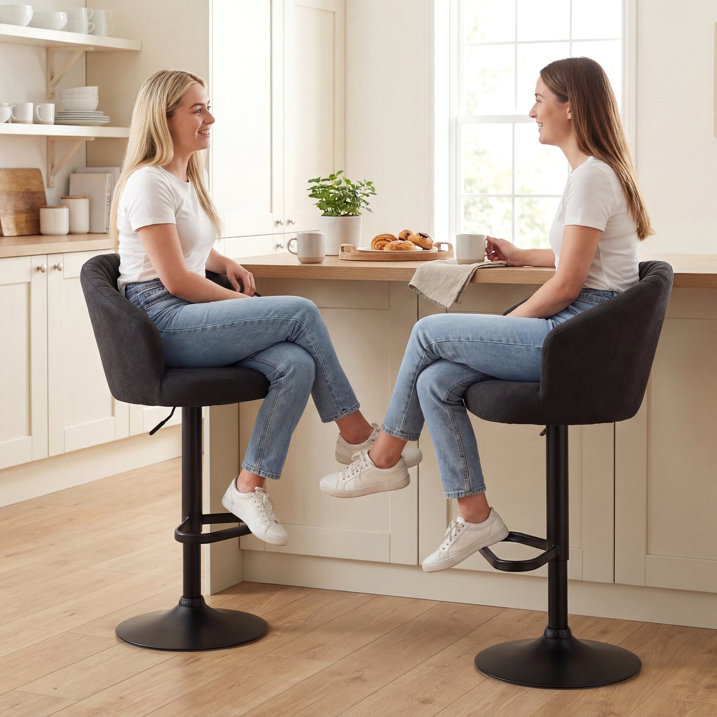 Adjustable Bar Stools Set of 2, Upholstered Kitchen Stools with Swivel Seat, Steel Frame, Footrest, Black
