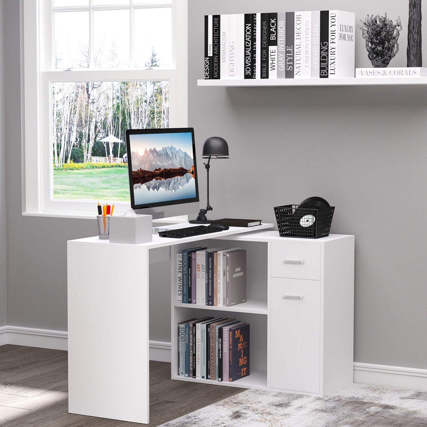 180° Rotating Home Office Corner Desk Storage Shelf Cabinet White
