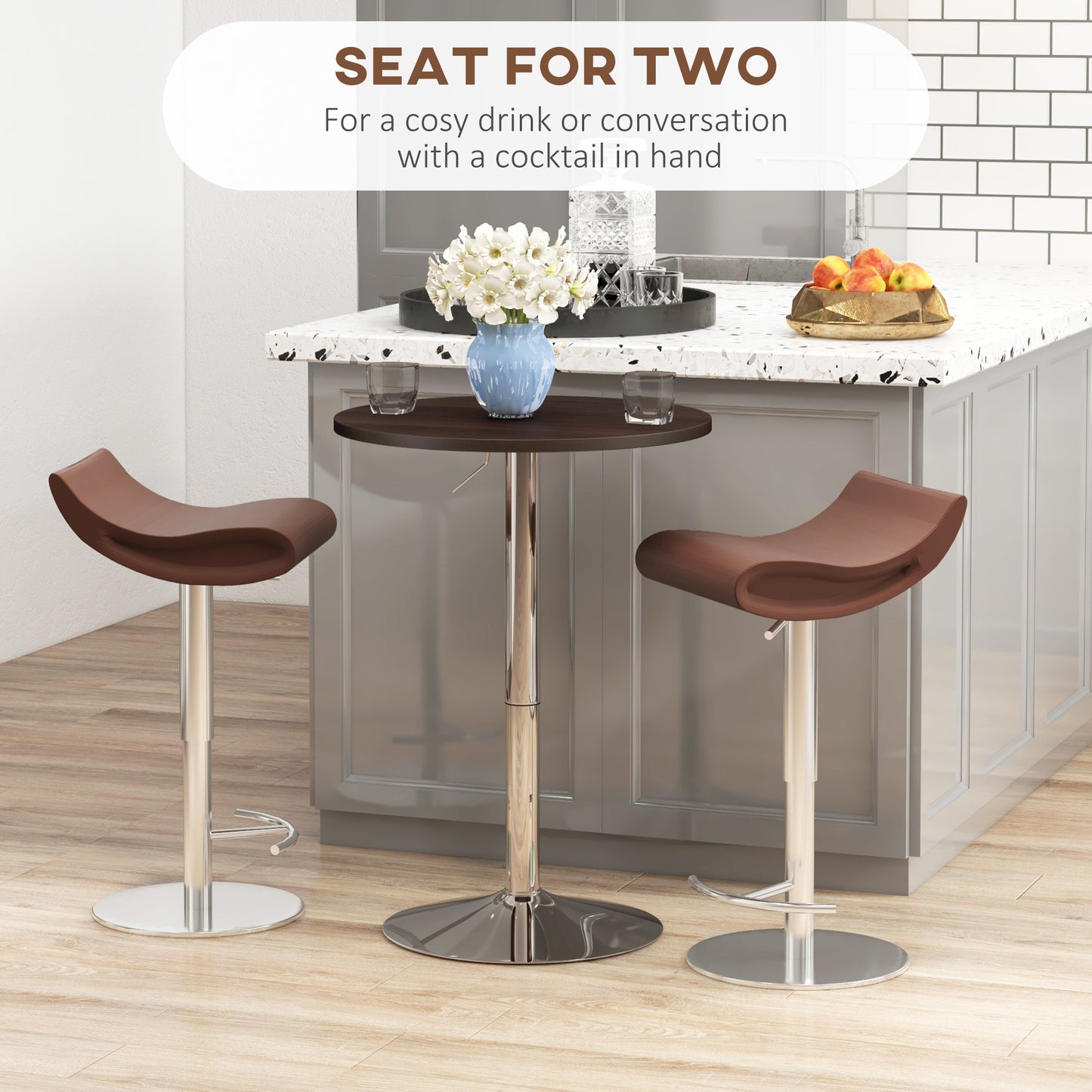 High Top Bar Table, Adjustable Round Kitchen Table with Swivel Top and Steel Base, Bistro Table for 2 People, Walnut