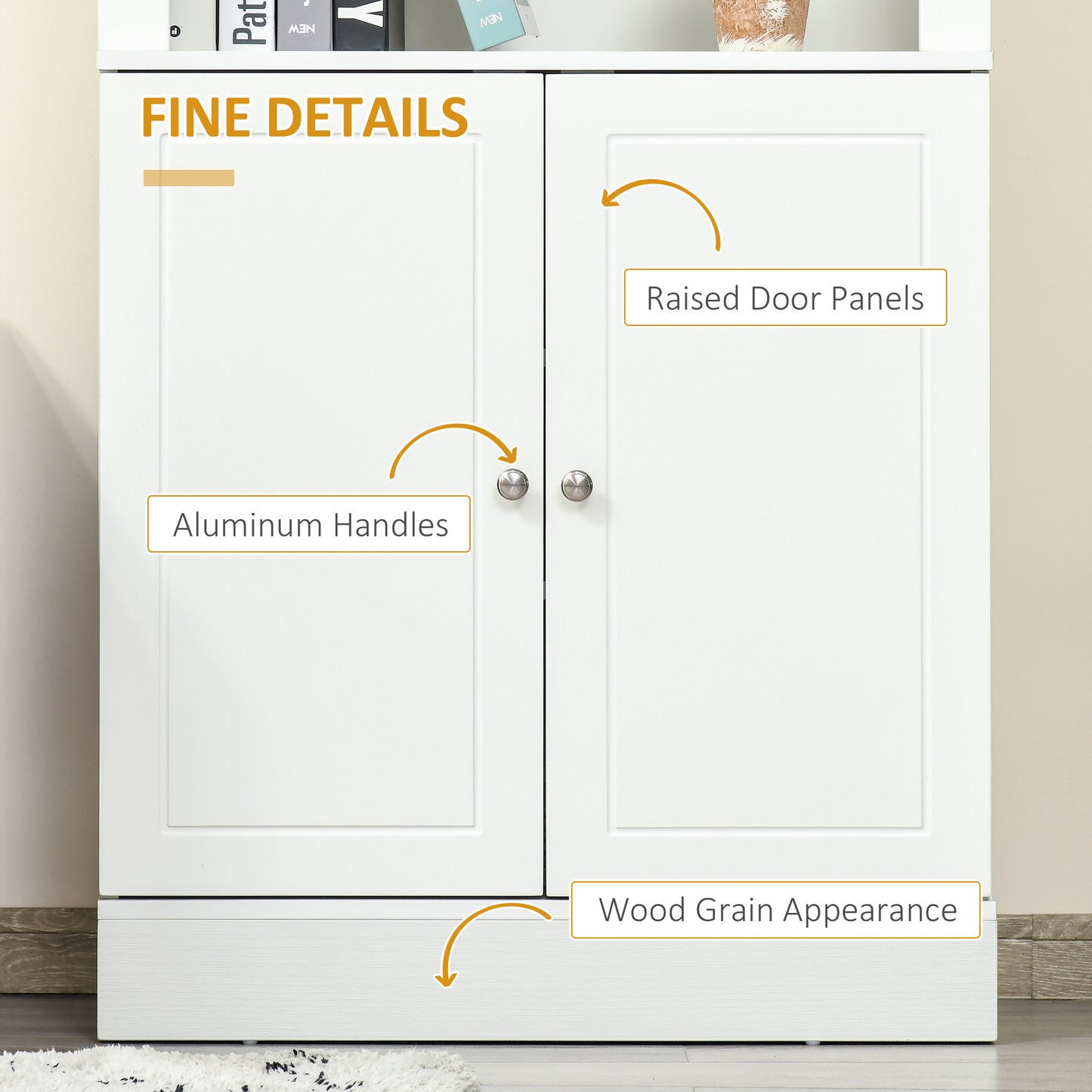 72" Kitchen Buffet with Hutch, Freestanding Cupboard, Pantry with 6-Tier Shelving, 2 Doors Cabinet with Adjustable Shelves, White, Wood Grain