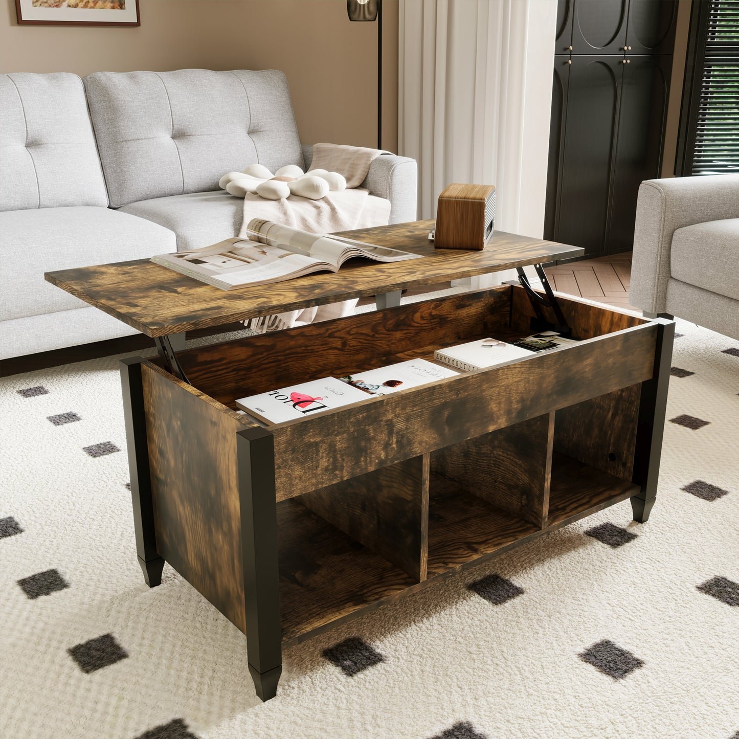 Lift Top Coffee Table, Modern Center Table with Storage Shelves and Hidden Compartment for Living Room, 41" L