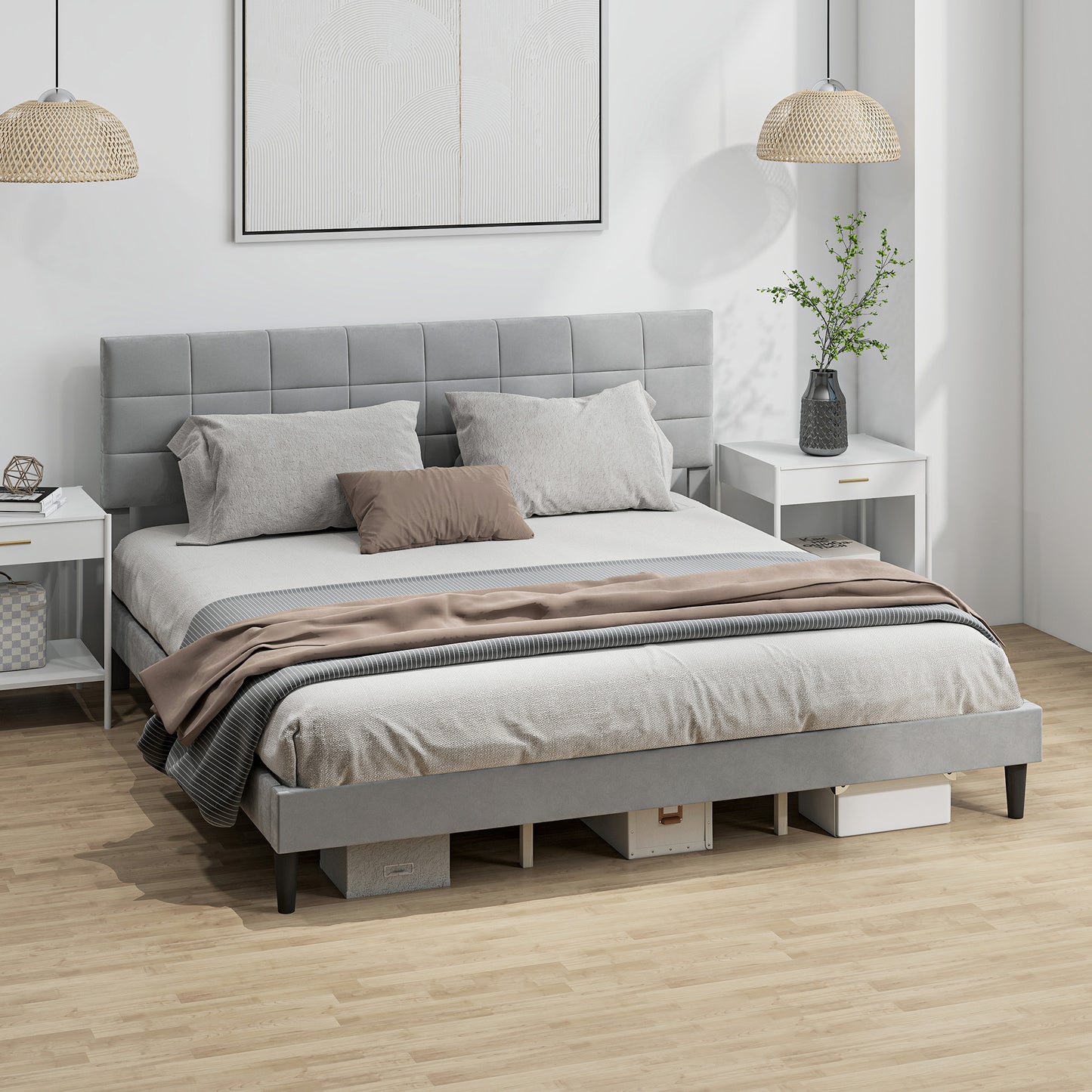 King Size Bed Frame with Upholstered Headboard, Modern Platform Bed Frame with Wood Slats, 1100 lbs Capacity, Grey