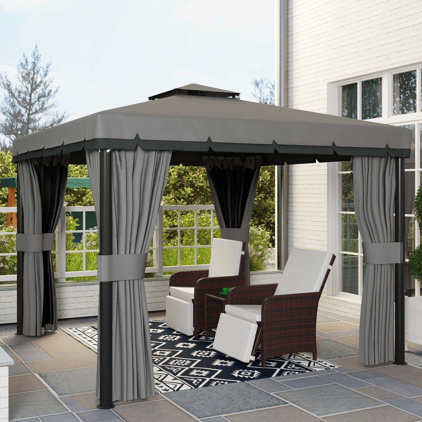 10' x 10' 2-Tier Outdoor Gazebo Canopy Tent with Zippered Mesh Sidewalls, Aluminum Frame for Patio, Backyard Light Grey
