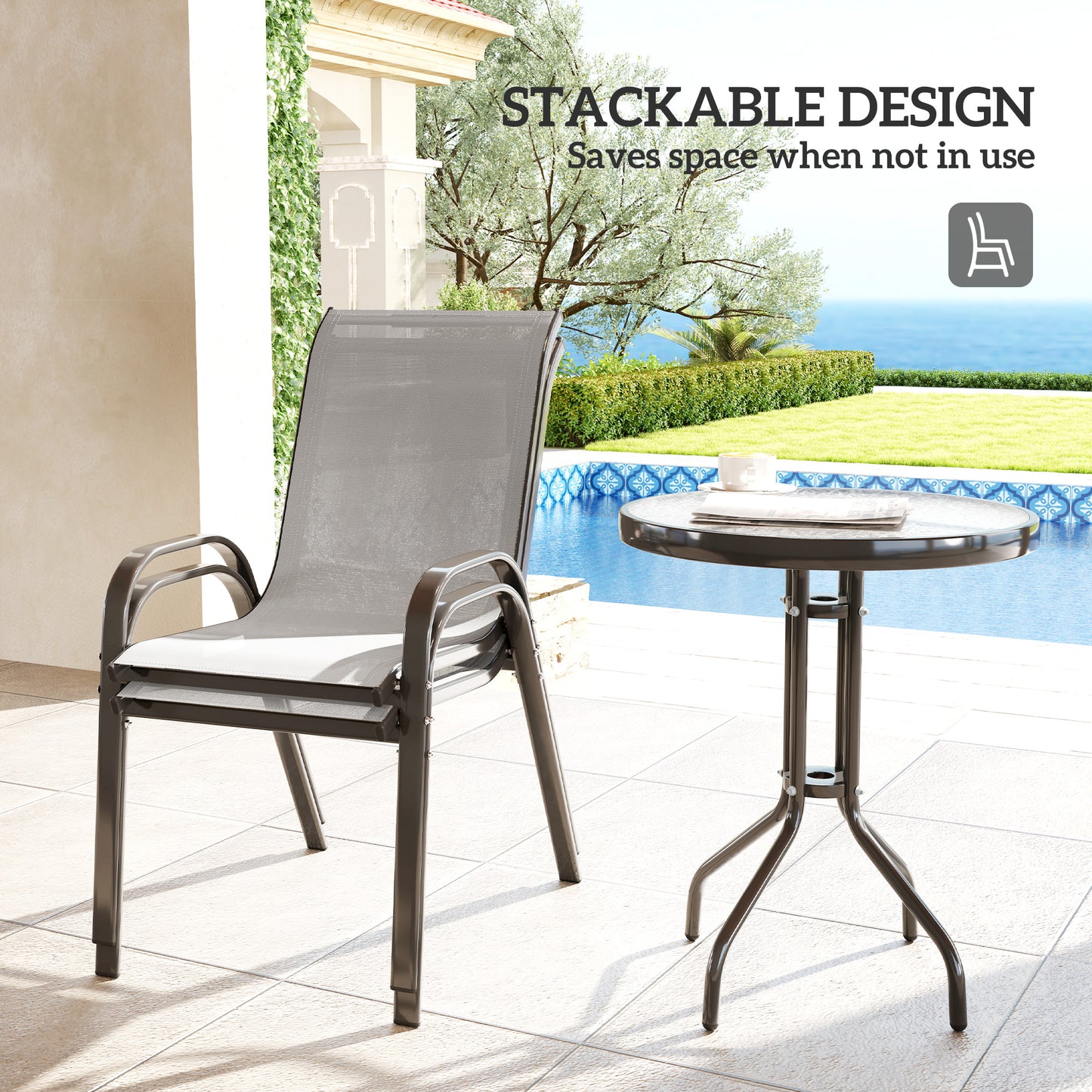 3 Pieces Bistro Set, Small Patio Furniture Set with Stackable Mesh Chairs, Glass Table for Garden, Light Mixed Brown