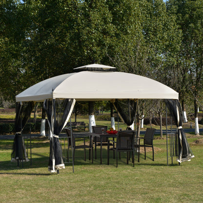 12' x 10' Beige Gazebo with Double Tier Roof & Mesh Sidewalls