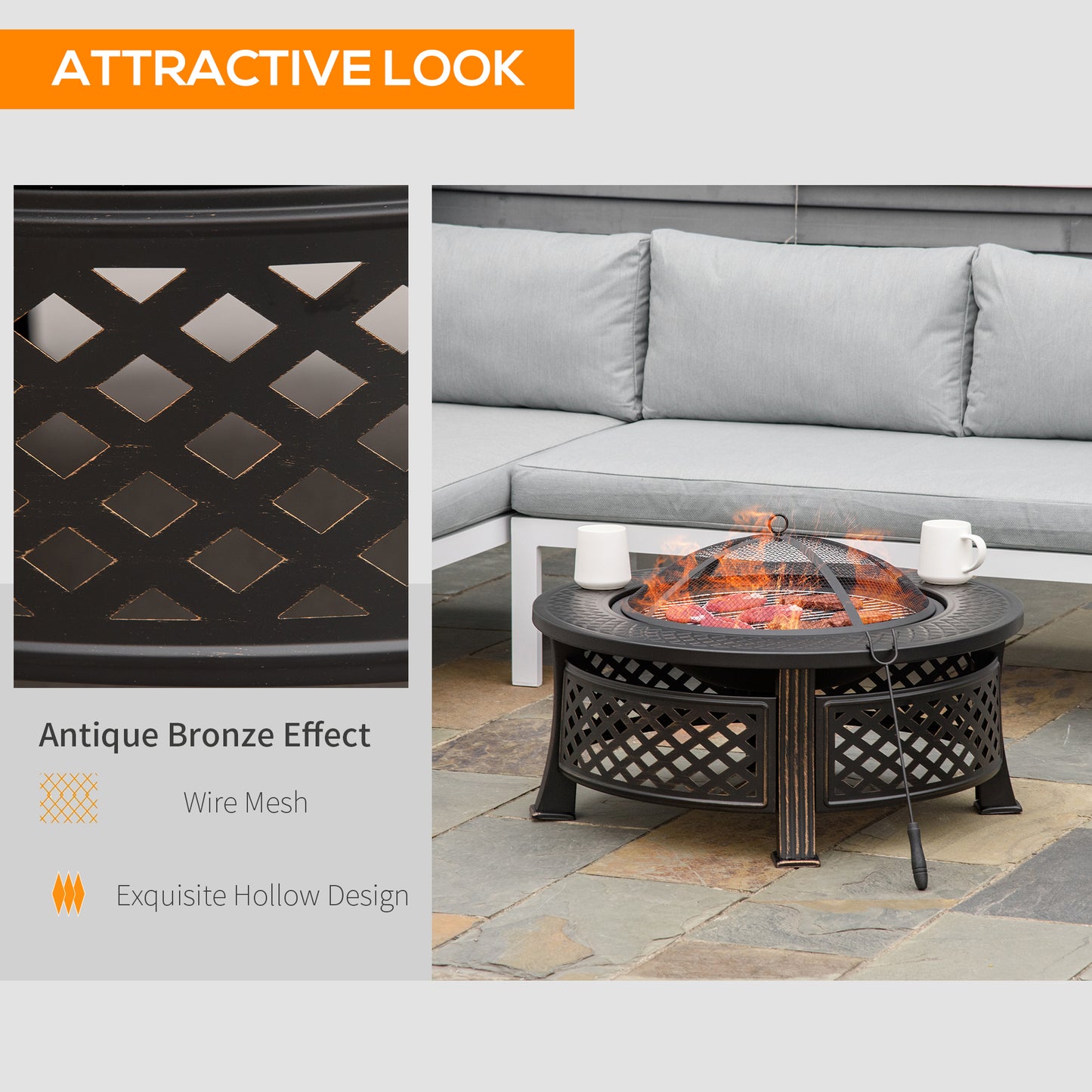 Outdoor Fire Pit, Firepit with Grill Net, Mesh Lid, Poker, for Camping, Bonfire, Picnic, Bronze