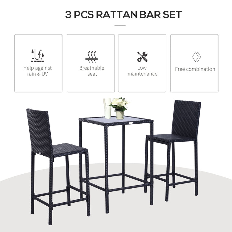 3-Piece Wicker Rattan Bistro Bar Set with Barstool