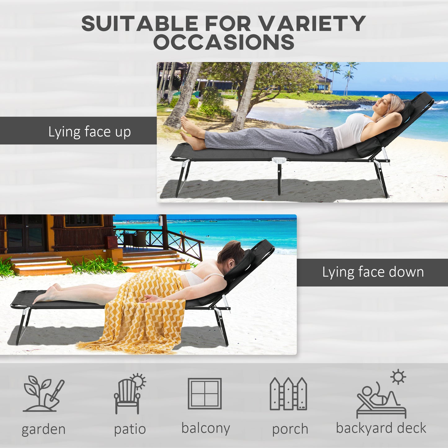 Folding Lounge Chair Set of 2, Reclining Beach Tanning Chair with Face Hole, Pillow, 4-Position Adjustable Flat Sun Lounger, Steel Frame for Outdoor Patio Pool, Green