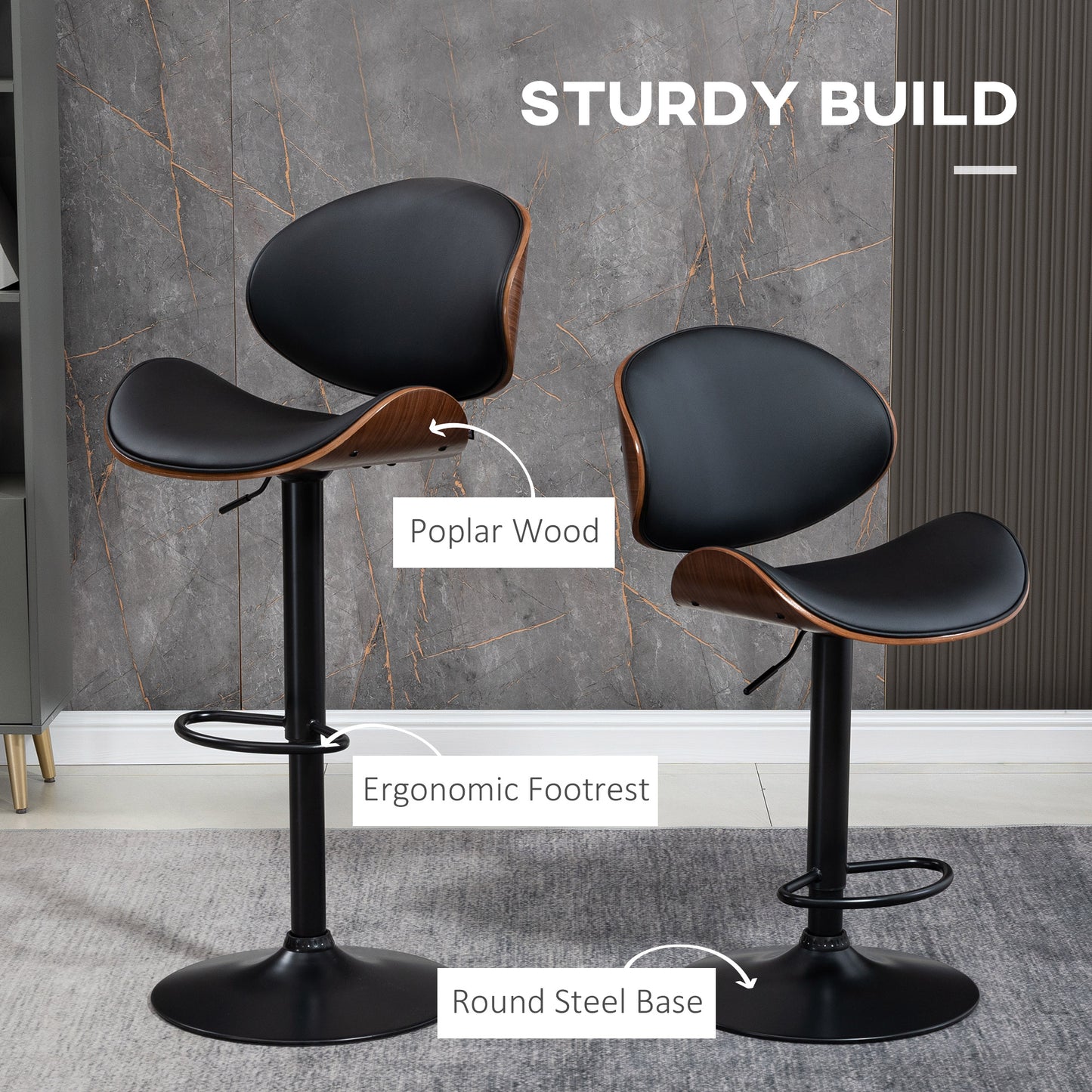 Bar Stools Set of 2, Modern PU Leather Adjustable Swivel Barstools with Curved Back, Footrest and Steel Base, Black
