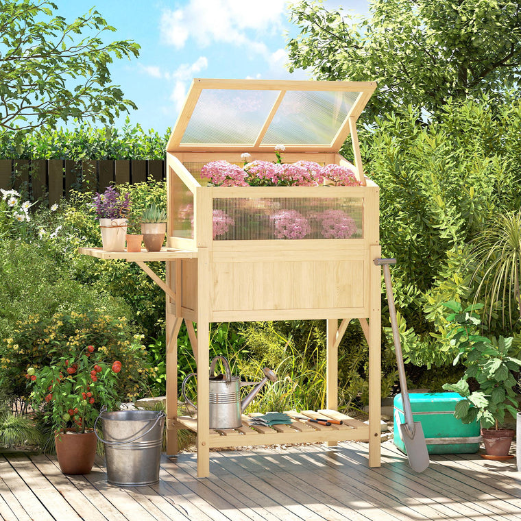 Wood Raised Garden Bed with Cold Frame and Side Table
