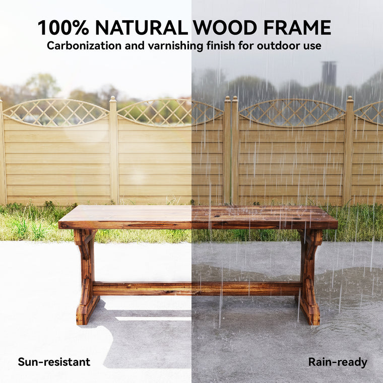Rustic Carbonized Wood Bench with X-Shape Base