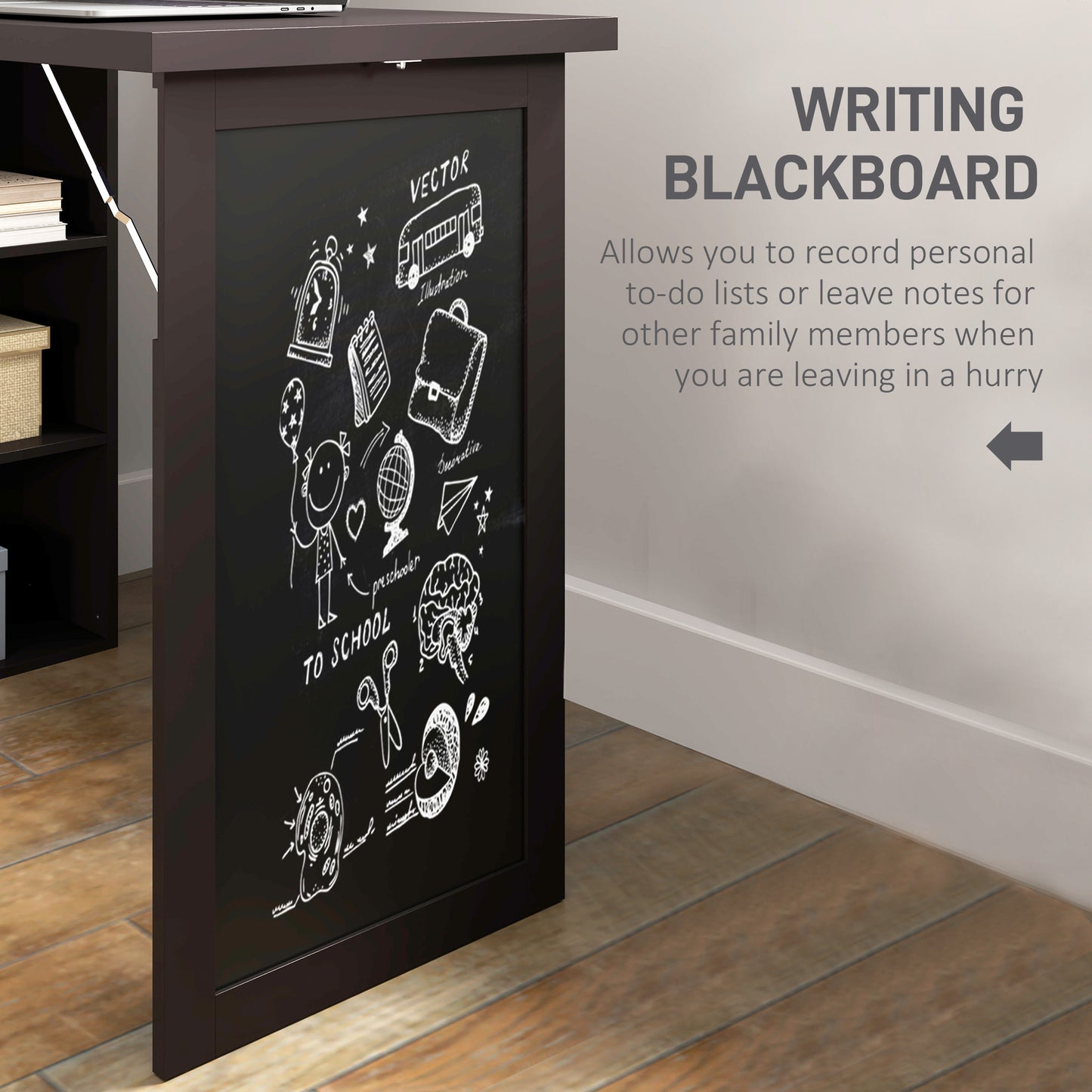 Fold-out Convertible Office Desk, Wall Mount Computer Desk with Blackboard and Side Shelf, Brown