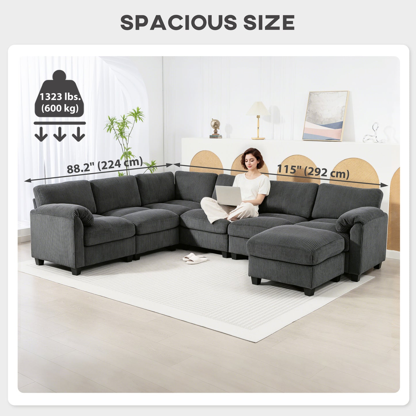 Oversized U-Shape Modular Corduroy Sectional - Charcoal Grey