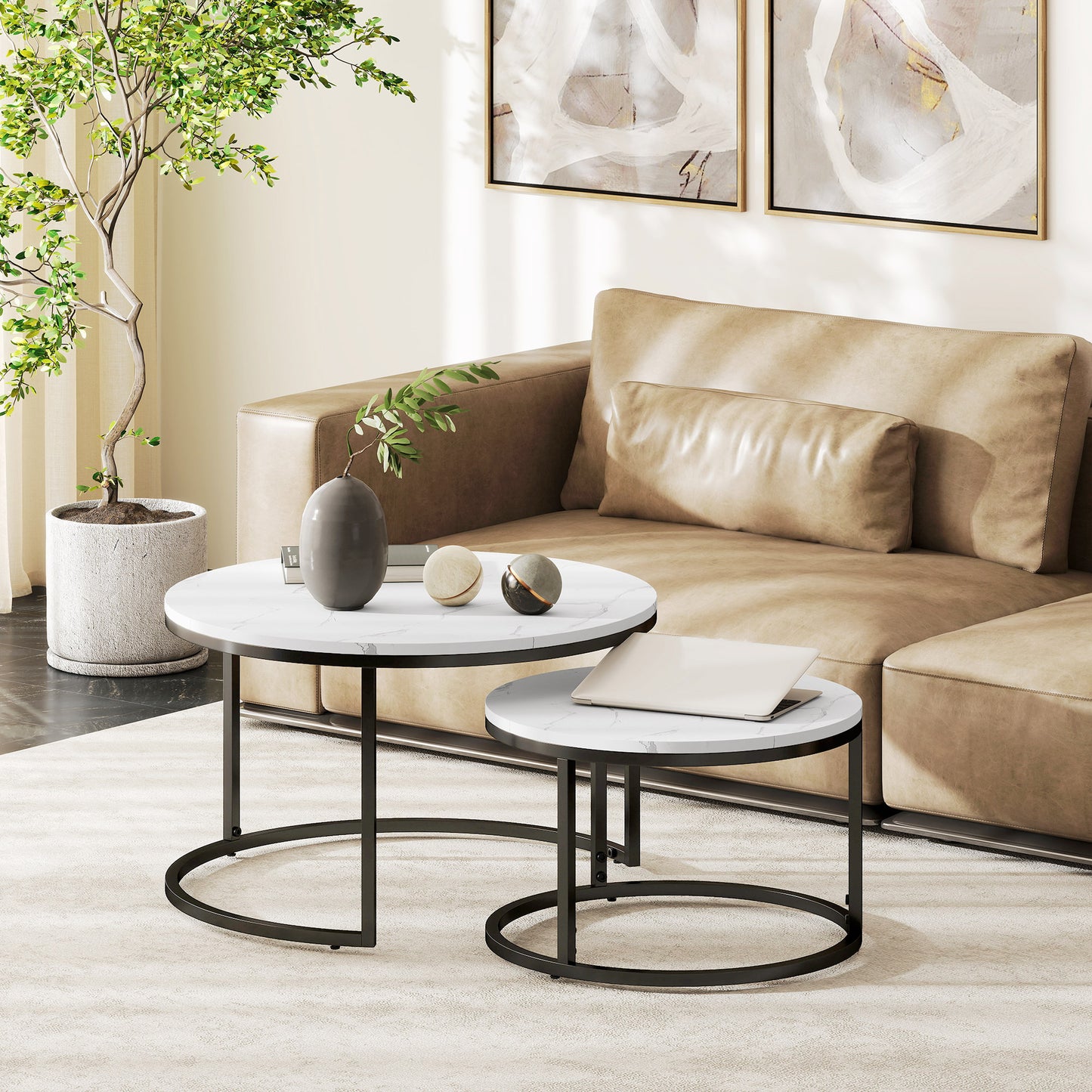 Modern Coffee Table Set of 2, Nesting Side Tables w/ Metal Base for Living Room Bedroom Office Faux Marbled White