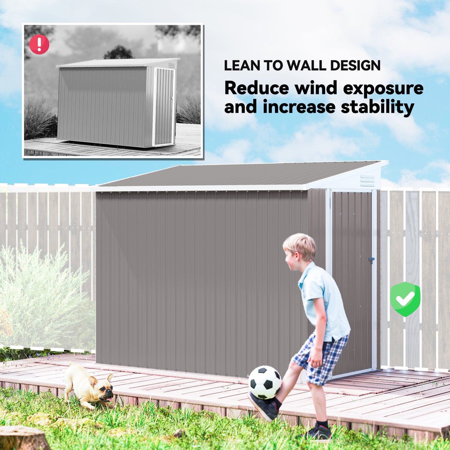 Outdoor Storage Shed Lean to Shed Outdoor Metal Tool Shed with Lockable Door and Air Vents, Dark Grey