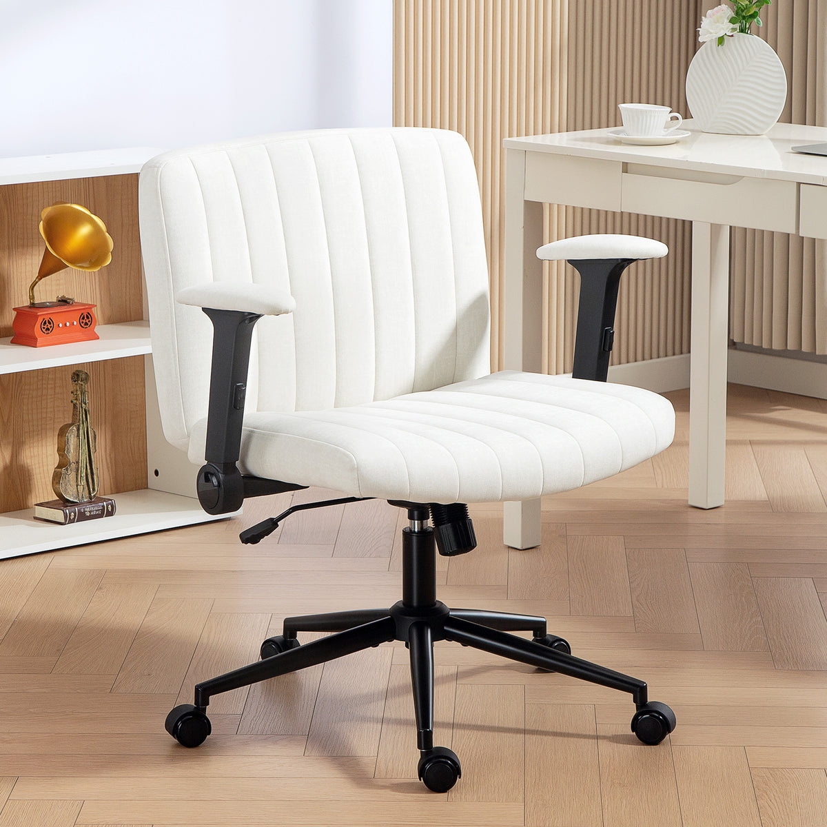 Criss Cross Chair with Flip-up Armrests, Wheels, Wide Office Chair with Adjustable Height, Tilting, Cream White