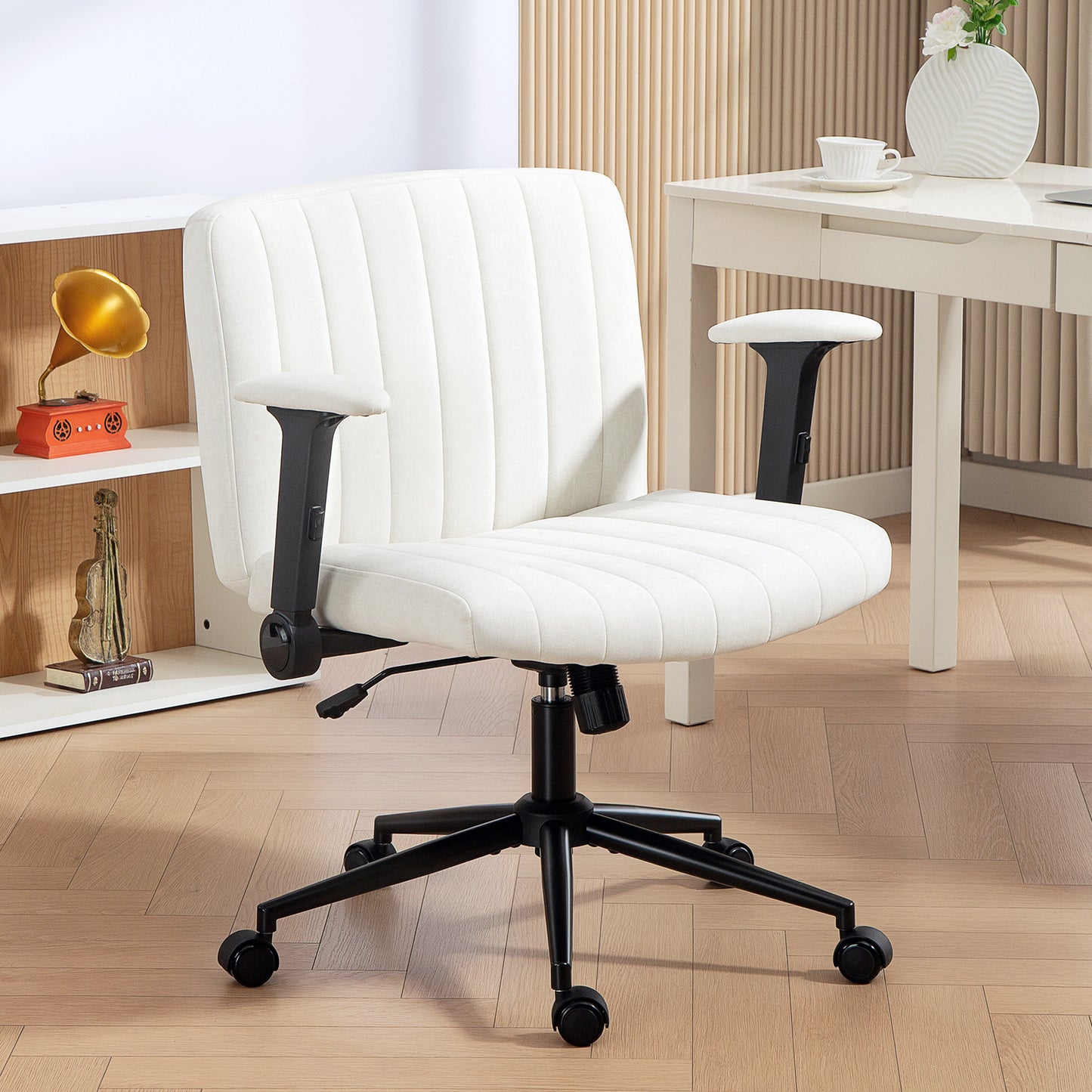 Criss Cross Chair with Flip-up Armrests, Wheels, Wide Office Chair with Adjustable Height, Tilting, Cream White