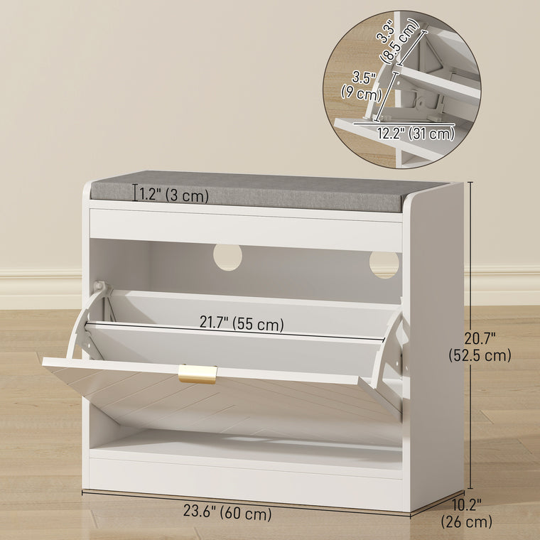 Upholstered Shoe Storage Bench with Flip Drawer, 23.6" Wide, White