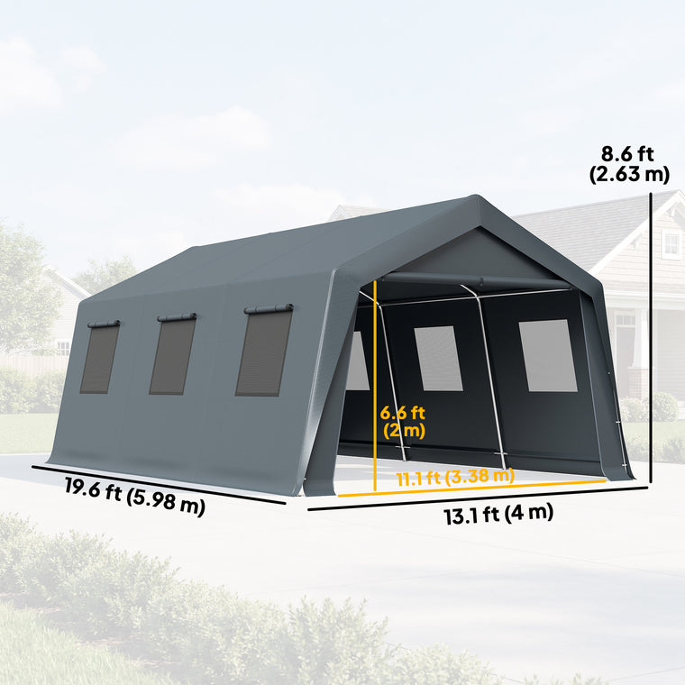 20' x 13' Dark Grey Carport with Roll-Up Door & Windows