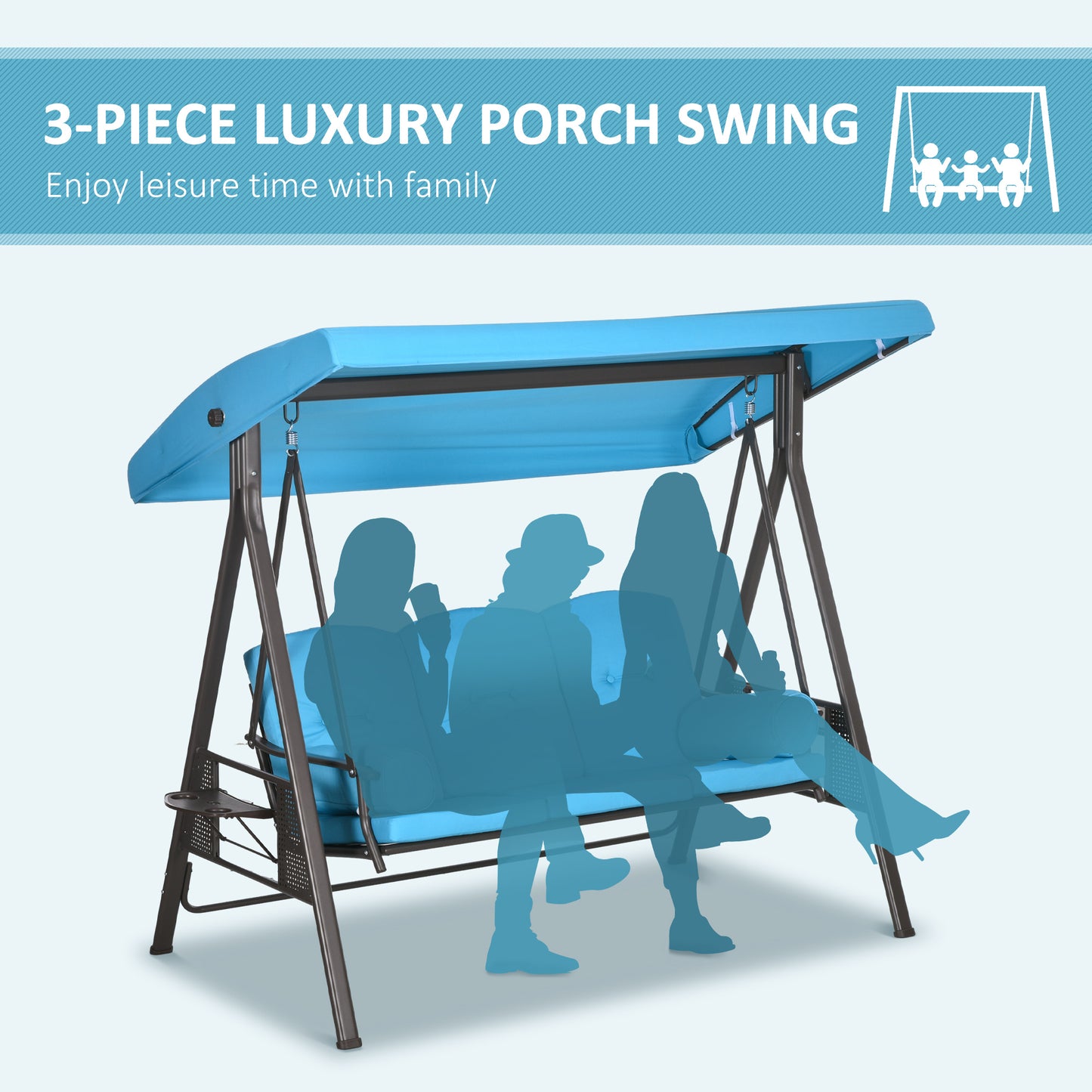 Outdoor Patio 3-Person Steel Canopy Cushioned Seat Bench Swing with Included Side Trays & Padded Comfort, Wine Red