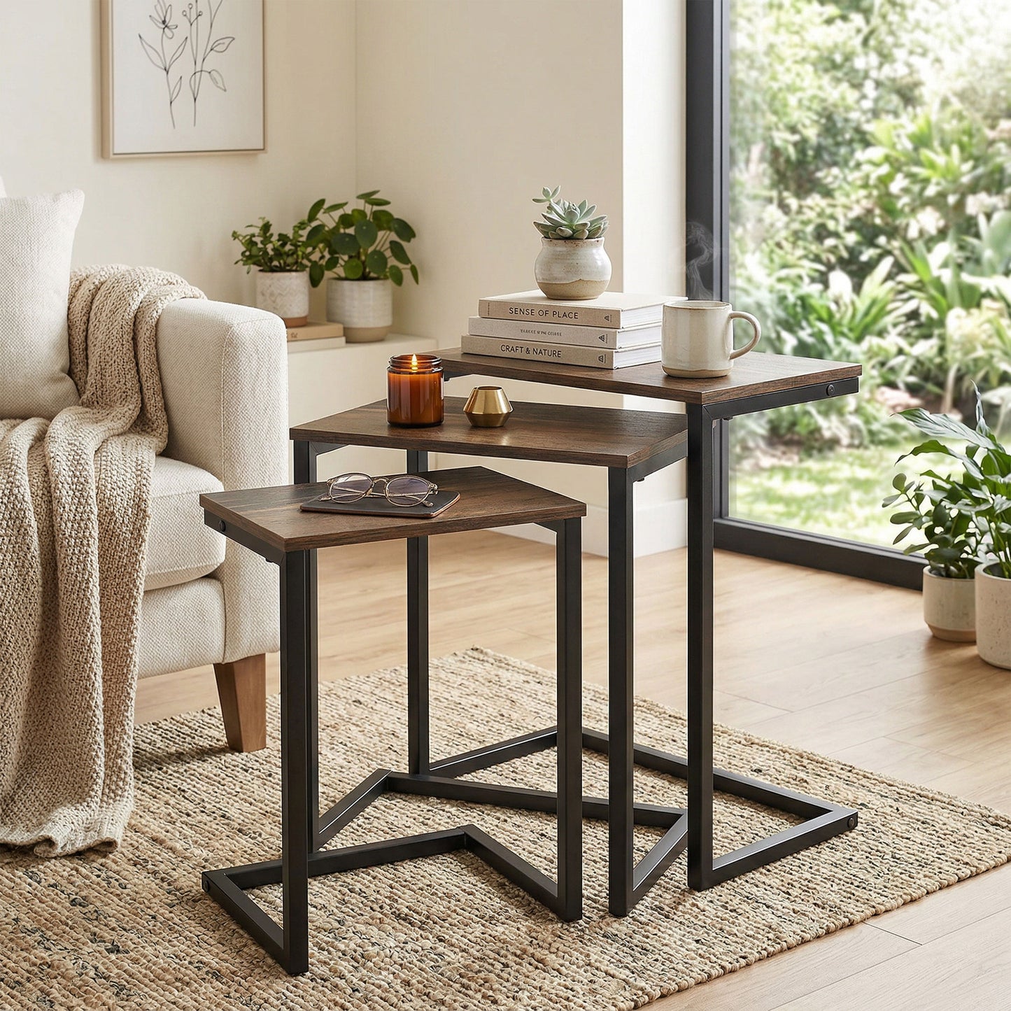 Nesting Coffee Table Set of 3, Stackable Rectangular End Tables with Wood-Effect Top, Metal Frame, Industrial & Rustic C-Shaped for Small Space, Living Room, Rustic Brown