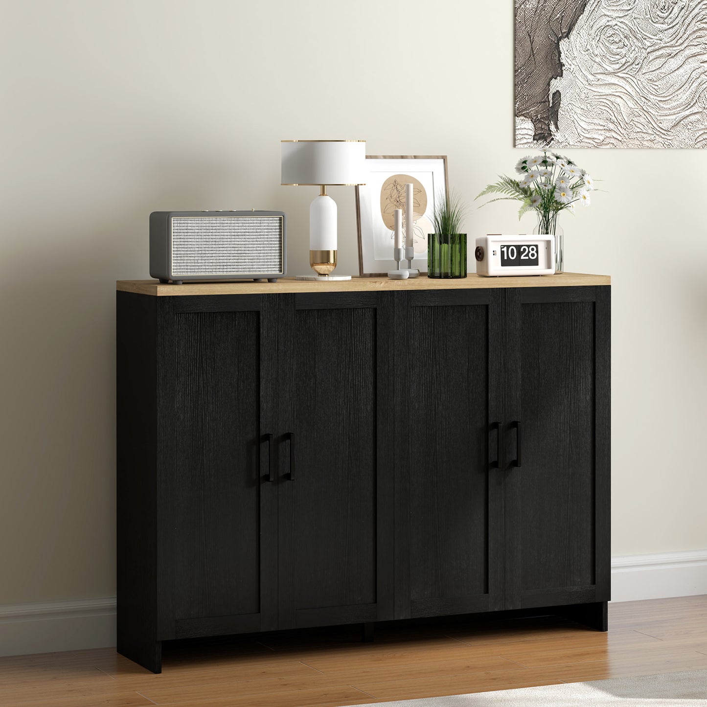 Modern Sideboard Buffet Cabinet, Modern Kitchen Storage Cabinet with 4 Doors Adjustable Shelves, for Dining Room, Black