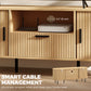 TV Stand for TVs up to 60", Modern Entertainment Center with Curved Sliding Doors and Storage, Natural Wood