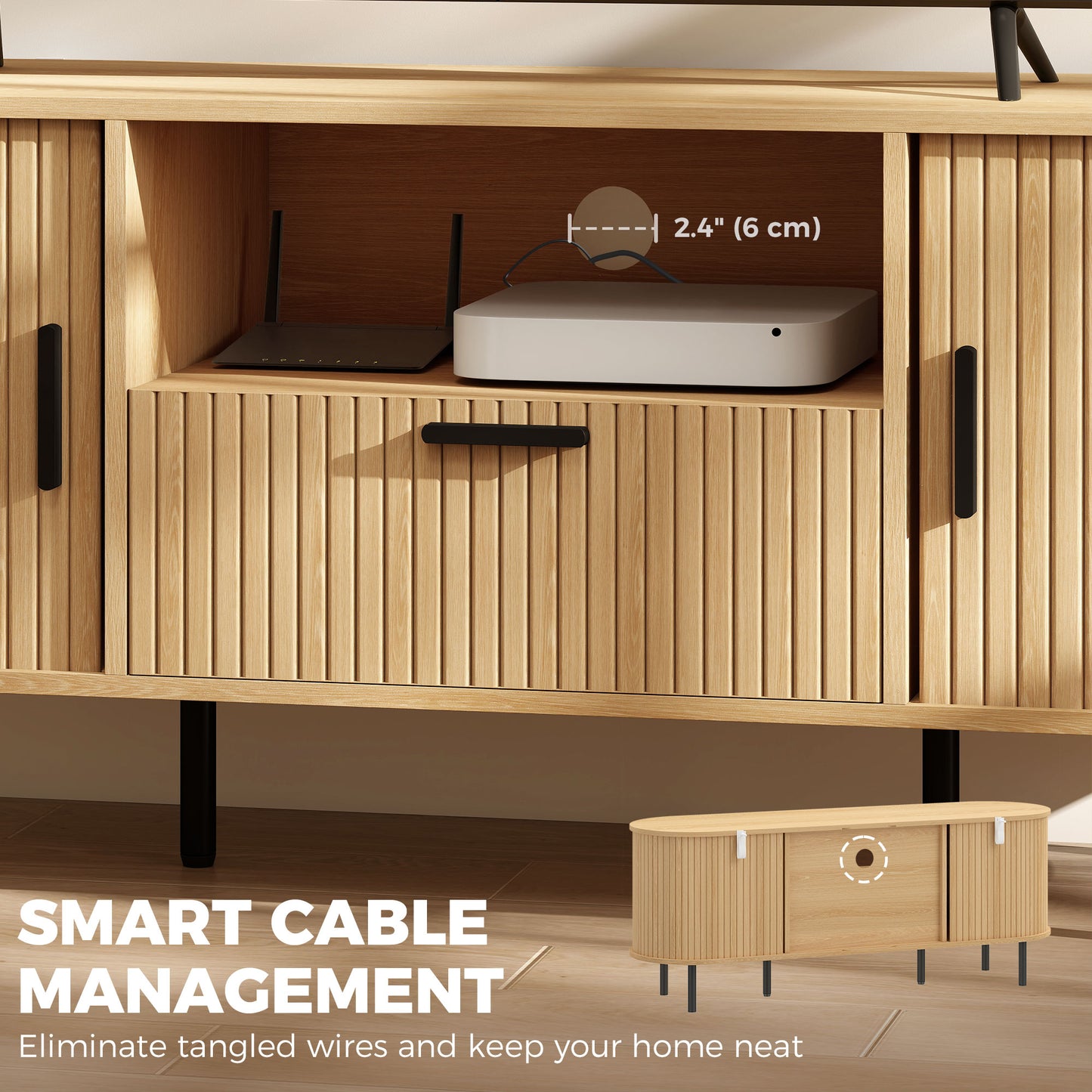 TV Stand for TVs up to 60", Modern Entertainment Center with Curved Sliding Doors and Storage, Natural Wood