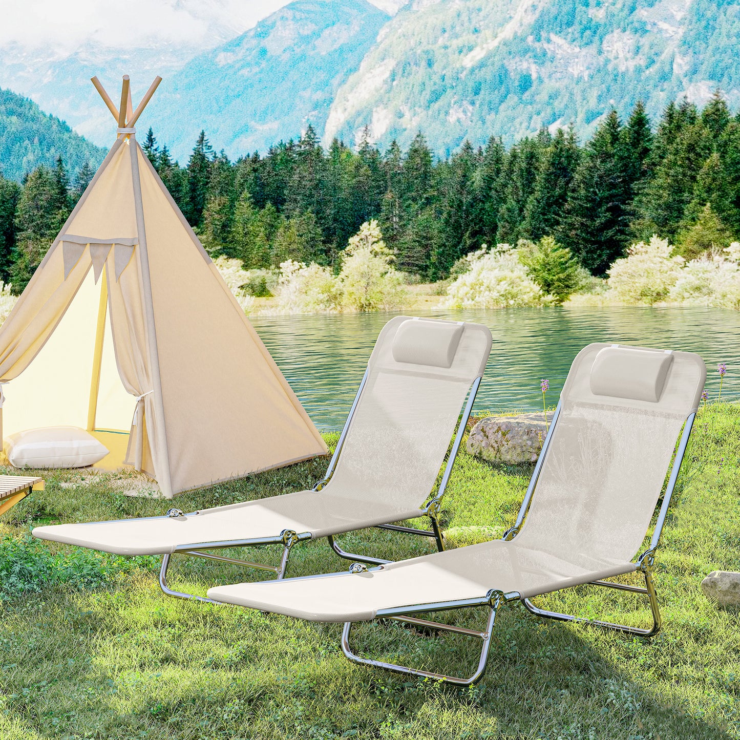 Set of 2 Folding Chaise Lounge Chairs, Outdoor Poolside Sun Tanning Chairs w/ Pillow, Reclining Backrest, Cream White